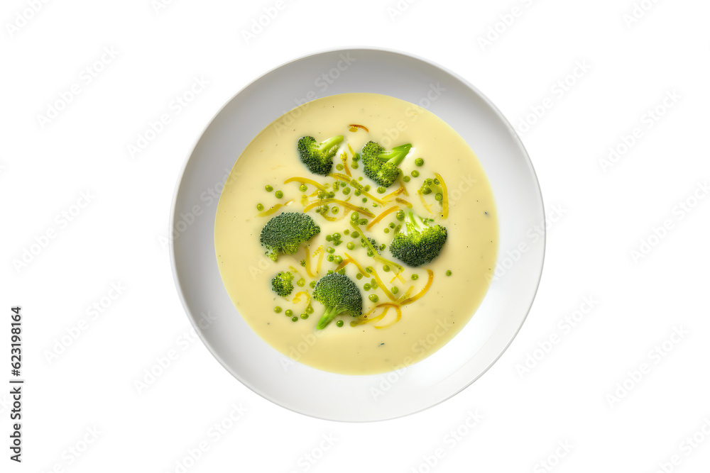 Broccoli Cheddar Soup On White Plate, On Isolated Transparent Background, Png. Generative AI Broccoli Cheddar Soup On White Plate, On Isolated Transparent Background, Png. Generative AI