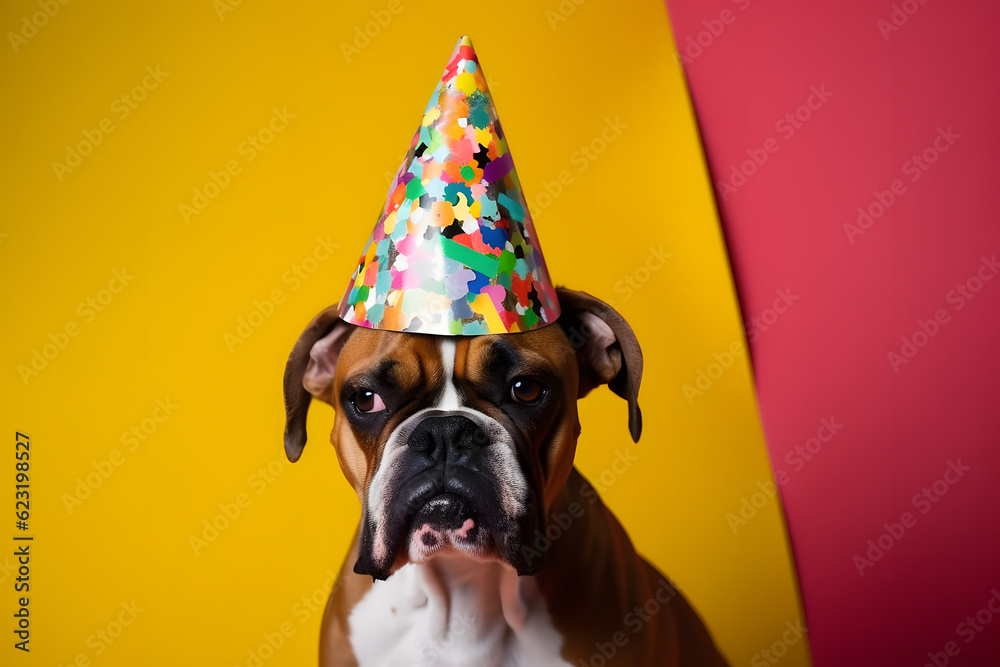 Funny and friendly cute dog (boxer) wearing a birthday party hat in studio, on a vibrant, colorful background. Generative AI