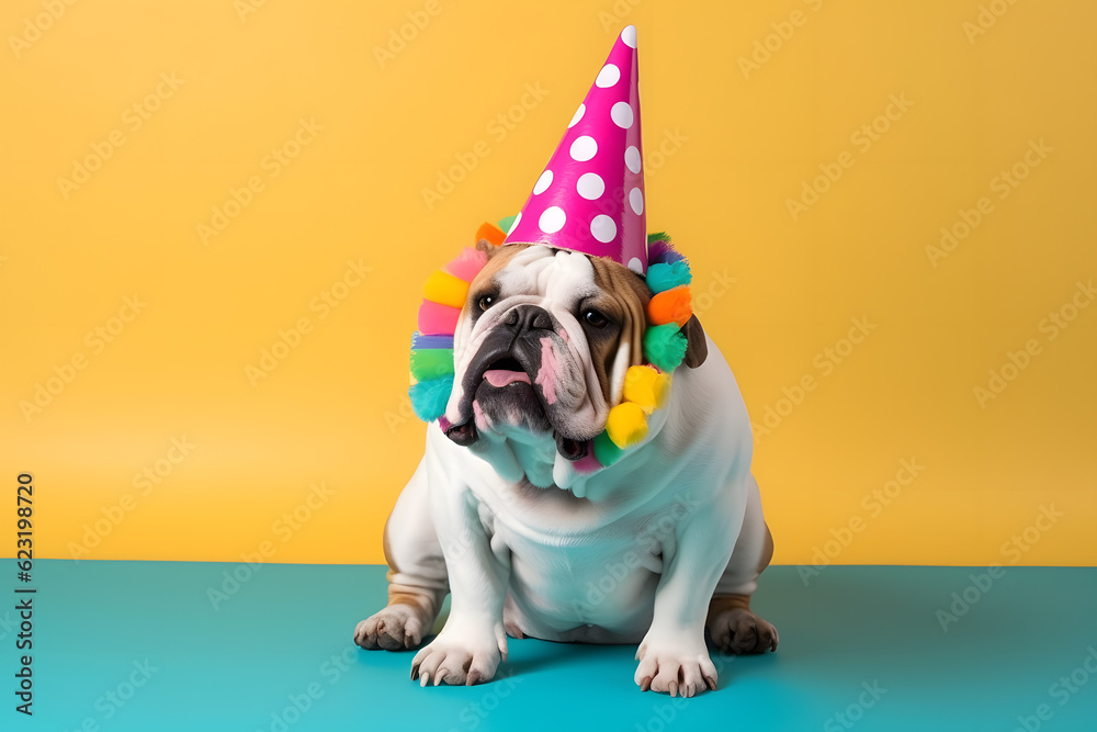 Funny and friendly cute dog (bulldog) wearing a birthday party hat in studio, on a vibrant, colorful background. Generative AI