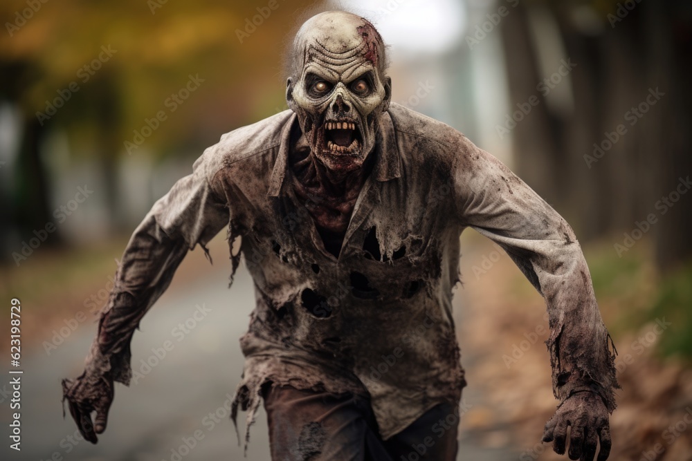 Obraz premium Relentless Pursuit: Zombie Charging Towards the Camera Generative AI