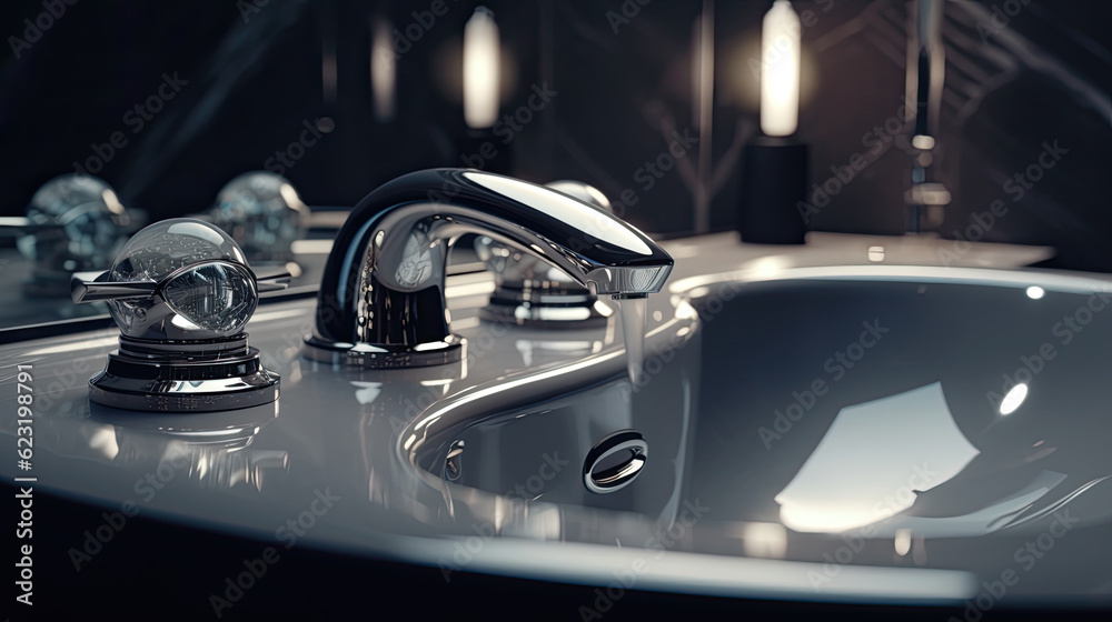 Luxury bathroom interior. Close-up on a water faucet with a sink.