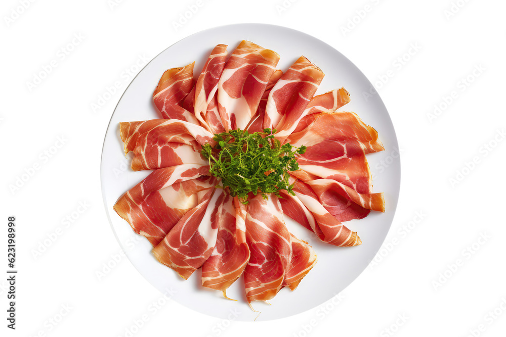 Jamon On White Plate, On Isolated Transparent Background, Png. Generative AI