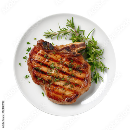 Grilled Pork Chops On White Plate, On Isolated Transparent Background, Png. Generative AI