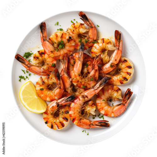 Grilled Shrimp On White Plate, On Isolated Transparent Background, Png. Generative AI © Anastasiia