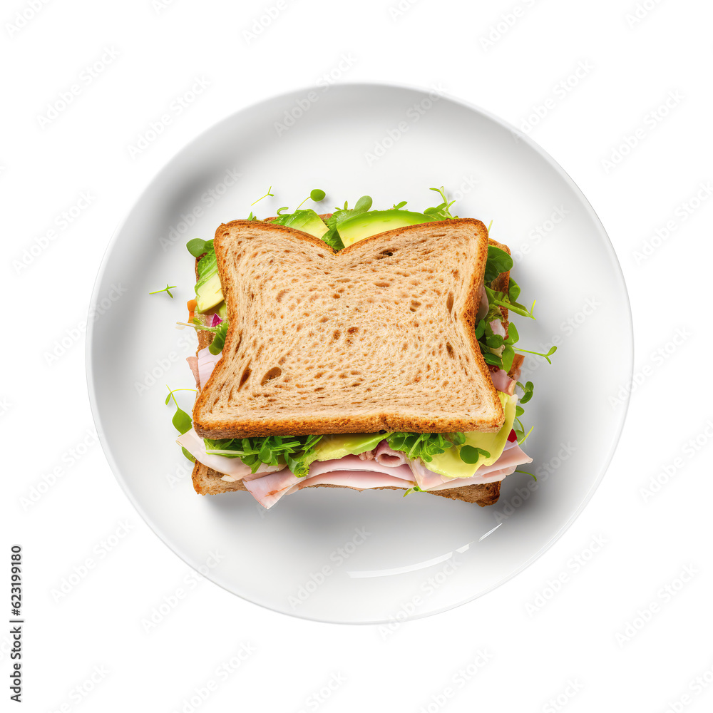 Turkey And Avocado Sandwich On White Plate, On Isolated Transparent Background, Png. Generative AI Turkey And Avocado Sandwich On White Plate, On Isolated Transparent Background, Png. Generative AI