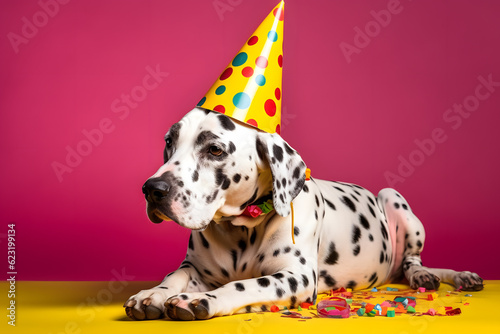 Funny and friendly cute dog (Dalmatian) wearing a birthday party hat in studio, on a vibrant, colorful background. Generative AI © Mihai Zaharia