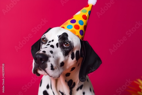 Funny and friendly cute dog (Dalmatian) wearing a birthday party hat in studio, on a vibrant, colorful background. Generative AI © Mihai Zaharia