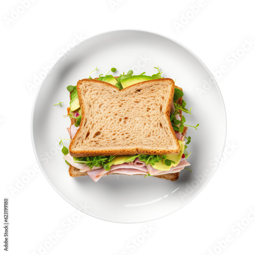 Turkey And Avocado Sandwich On White Plate, On Isolated Transparent Background, Png. Generative AI