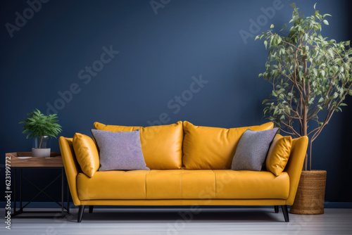 Empty navy Wall, Full of Potential: Modern mustard Sofa and Stylish Decor Await Your Frames & Text - Minimalist Interior Living Room Design  © Jyukaruu's Studio