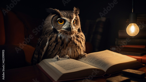 Wallpaper Mural Generative AI, smart owl reads a book sitting at a table in the dark, science, literature, study, study, table lamp, evening light, student, knowledge, library, textbook, reading Torontodigital.ca