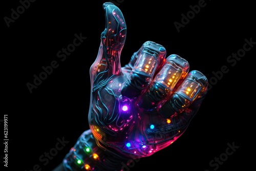 Synthetic Empowerment: Cyborg Hand Giving Thumbs Up on Black Background Generative AI