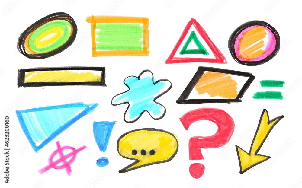 Brush pens, colorful symbols and geometric shapes isolated on white Brush pens, colorful symbols and geometric shapes isolated on white