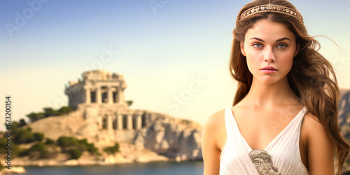 Enchanting young brunette embodying Venus, the Greek goddess of love, amidst a timeless Greek backdrop and monument. Generative AI