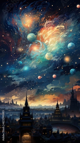 fantasy universe fireworks fantasy night sky illustration background