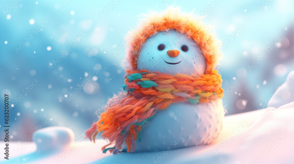 A happy snowman with a fluffy appearance, adorned with a winter hat and scarf, set against a sunny snowy mountain landscape. Generative AI. A happy snowman with a fluffy appearance, adorned with a winter hat and scarf, set against a sunny snowy mountain landscape. Generative AI.