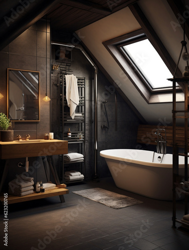 bathroom in a loft-style apartment dark tones