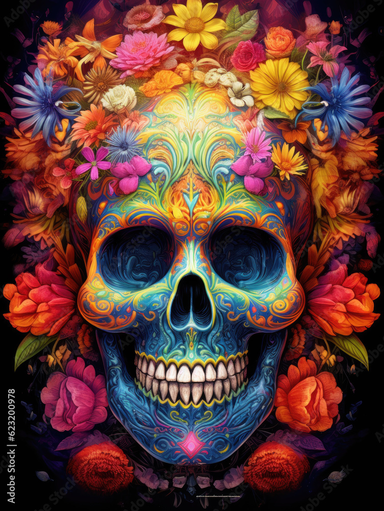 Vibrant illustration presented in psychedelic style. A skull embellished with flower and painted with tattoos. Generative AI.