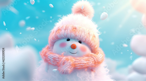 Illustration of happy snowman with a fluffy appearance, adorned with a winter hat and scarf, set against a sunny snowy mountain landscape. Generative AI.