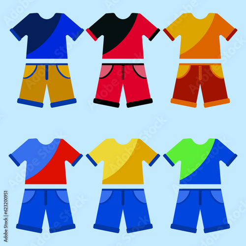 Shirt and shorts color collection set in doodle style for kid, child, boy and girl in flat vector illustration design