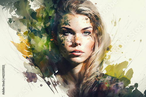 Double exposure portrait woman with a plants and leaves. Colorful creative watercolor illustration. Generative Ai