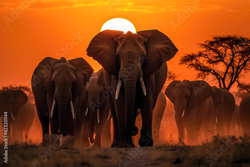 Foto Family of elephants walking through the savana at sunset