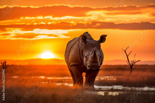 Powerfull African rhino in the savanna at sunset. Amazing African Wildlife. Generative Ai