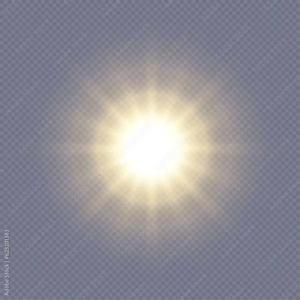 Flash of light, sun, twinkle. The bright sun shines with warm rays, vector illustration Glow of a bright star on a transparent background. Vector