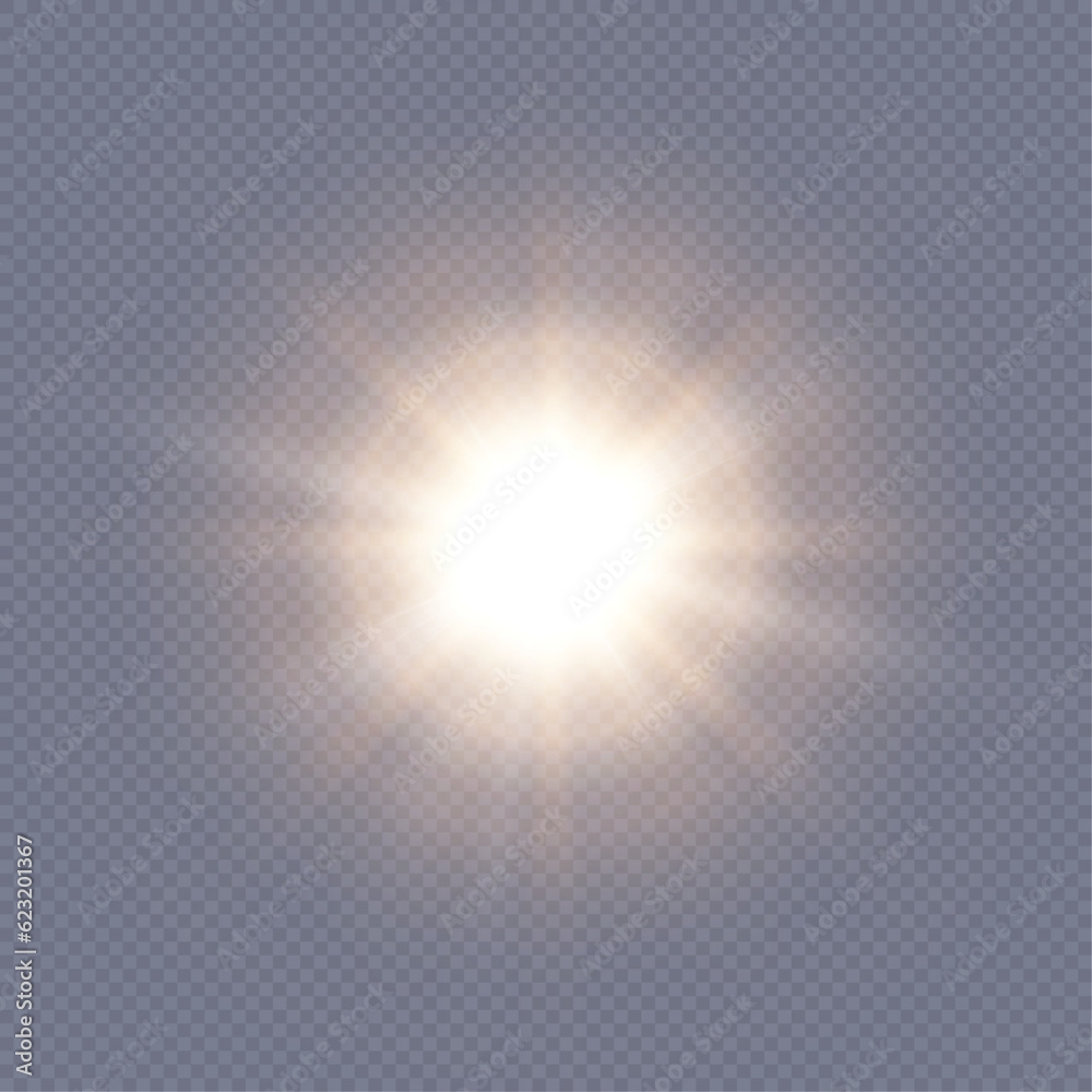 Flash of light, sun, twinkle. The bright sun shines with warm rays, vector illustration Glow of a bright star on a transparent background. Vector