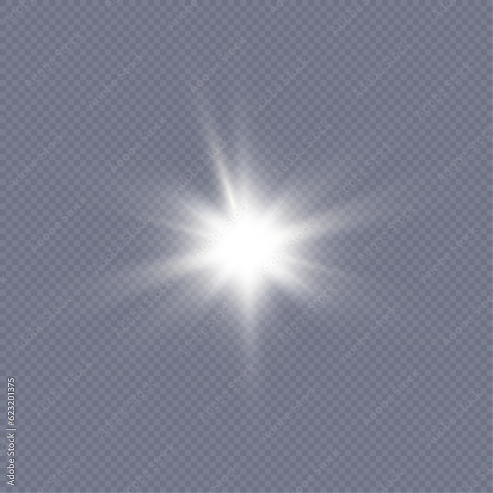 Flash of light, sun, twinkle. The bright sun shines with warm rays, vector illustration Glow of a bright star on a transparent background. Vector