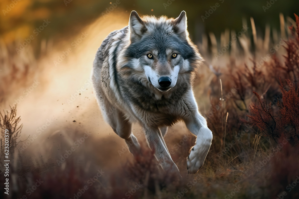 Wild Gray wolf running in the forest at sunset. Amazing wildlife. Generative A Wild Gray wolf running in the forest at sunset. Amazing wildlife. Generative A