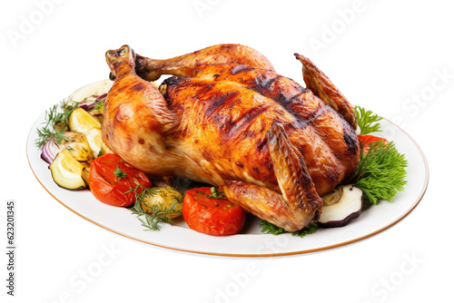 A whole chicken grilled on a plate with vegetables, isolated, white background, generative ai