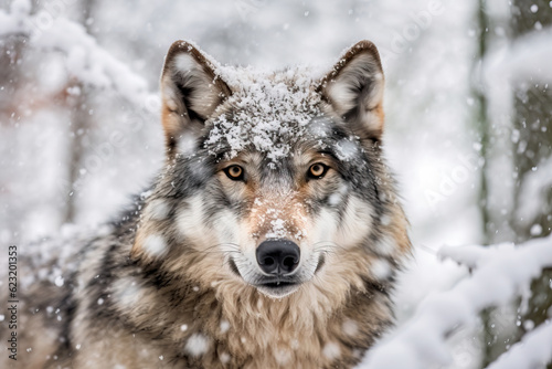 Portrait of a Gray wolf in the cold snowy winter forest. Amazing Wildlife. Generative Ai © Shootdiem