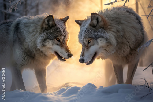 Stunning gray wolves fighting in snow. Amazing wild life. Generative Ai photo