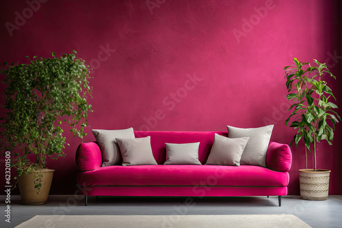 Empty pink Wall, Full of Potential: Modern white Sofa and Stylish Decor Await Your Frames & Text - Minimalist Interior Living Room Design 