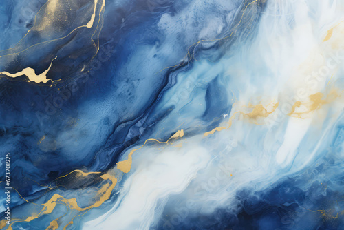 Blue Marble Textured Background With Gold. Generative AI