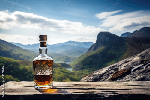 Unlabeled Bottle Of Whiskey With Picturesque Rustic Background. Generative AI photo