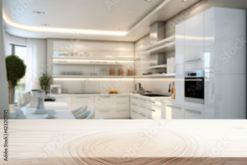 Empty Countertop In Foreground Against Modern White Kitchen. Blurred Background  A Place For Your Product. Generative AI