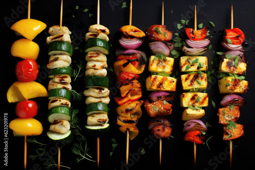 Chicken And Vegetable Kebabs Aesthetically Beautiful Minimalist Style On A Black Background. Generative AI photo
