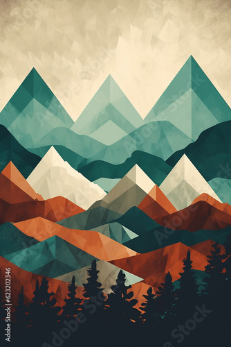 Retro poster background Aged colours mountains geometrical forms with generative AI technology