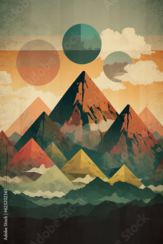 Retro poster background Aged colours mountains geometrical forms with generative AI technology