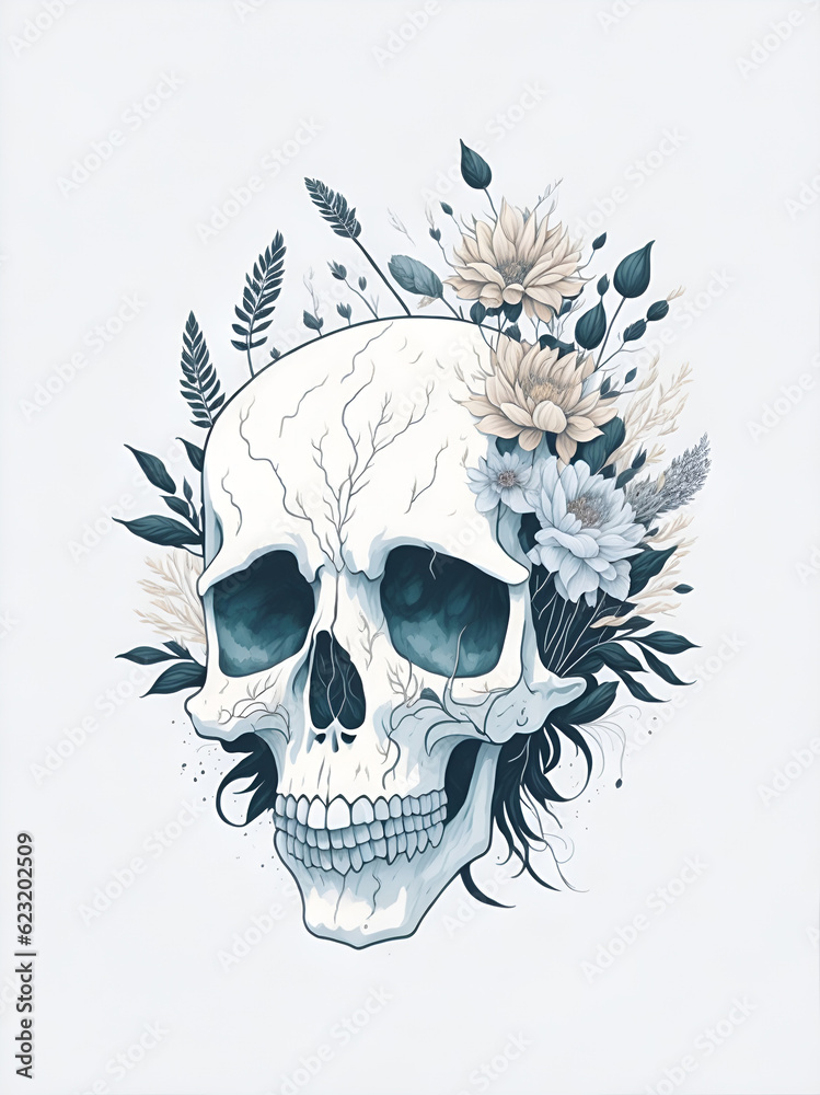 Obraz premium Scull in flowers. AI generated illustration