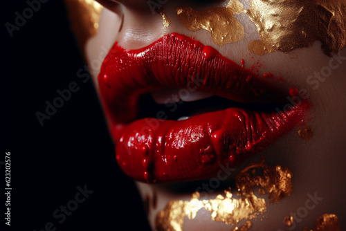 Red lips with gold liquid with generative AI technology