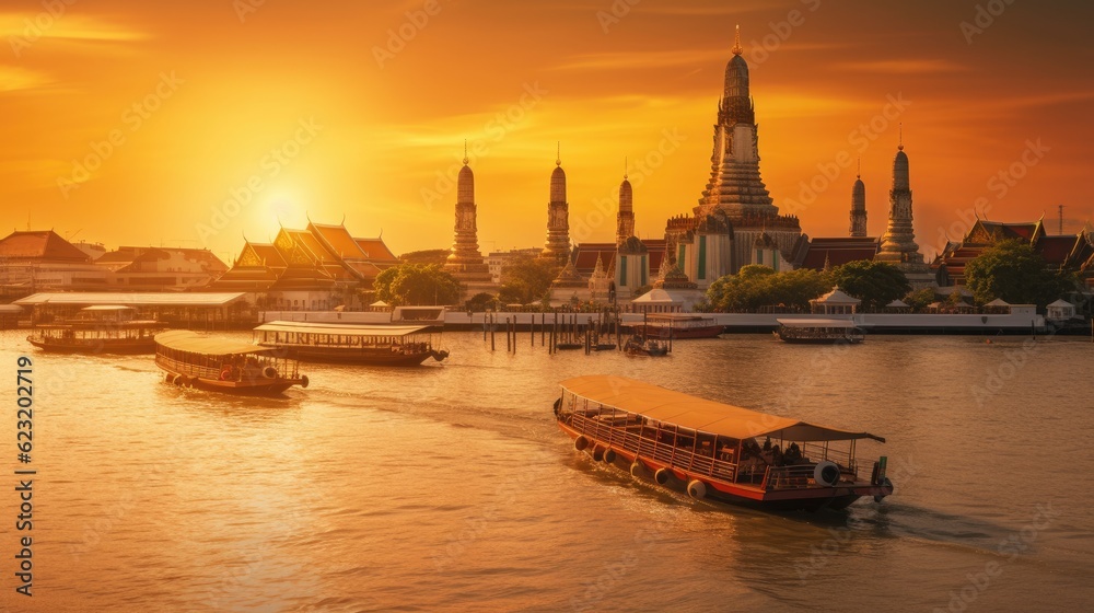 Obraz premium Wat arun in sunset at Bangkok,Thailand. Landmark, Chao Phraya River. Generate Ai
