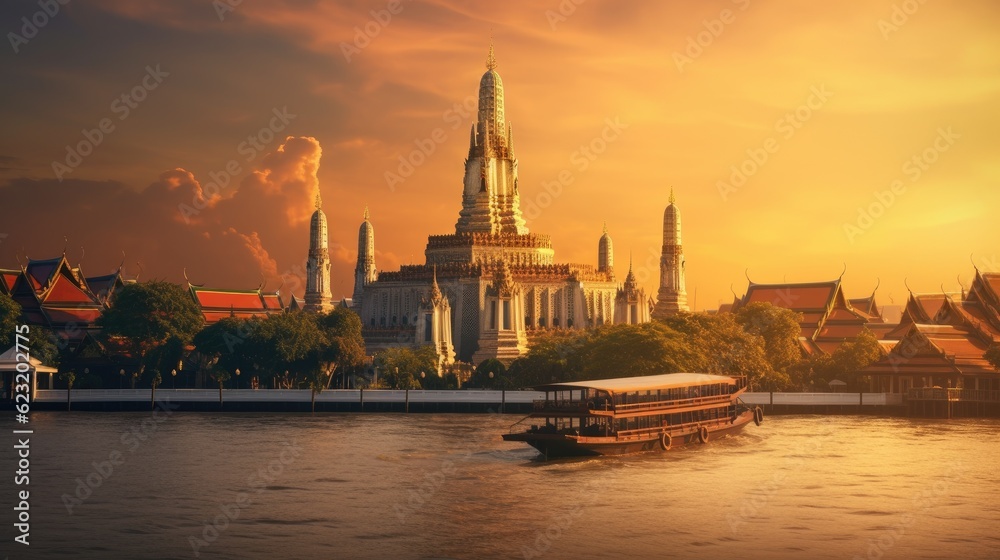 Wat arun in sunset at Bangkok,Thailand. Landmark, Chao Phraya River. Generate Ai Wat arun in sunset at Bangkok,Thailand. Landmark, Chao Phraya River. Generate Ai