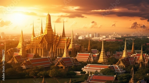 Grand palace and Wat phra keaw at sunset Bangkok, Thailand. Beautiful Landmark. Temple of the Emerald Buddha. Generate Ai
