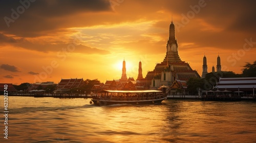 Wat arun in sunset at Bangkok,Thailand. Landmark, Chao Phraya River. Generate Ai photo