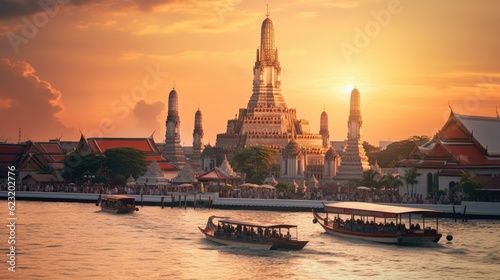 Wat arun in sunset at Bangkok,Thailand. Landmark, Chao Phraya River. Generate Ai © tong2530