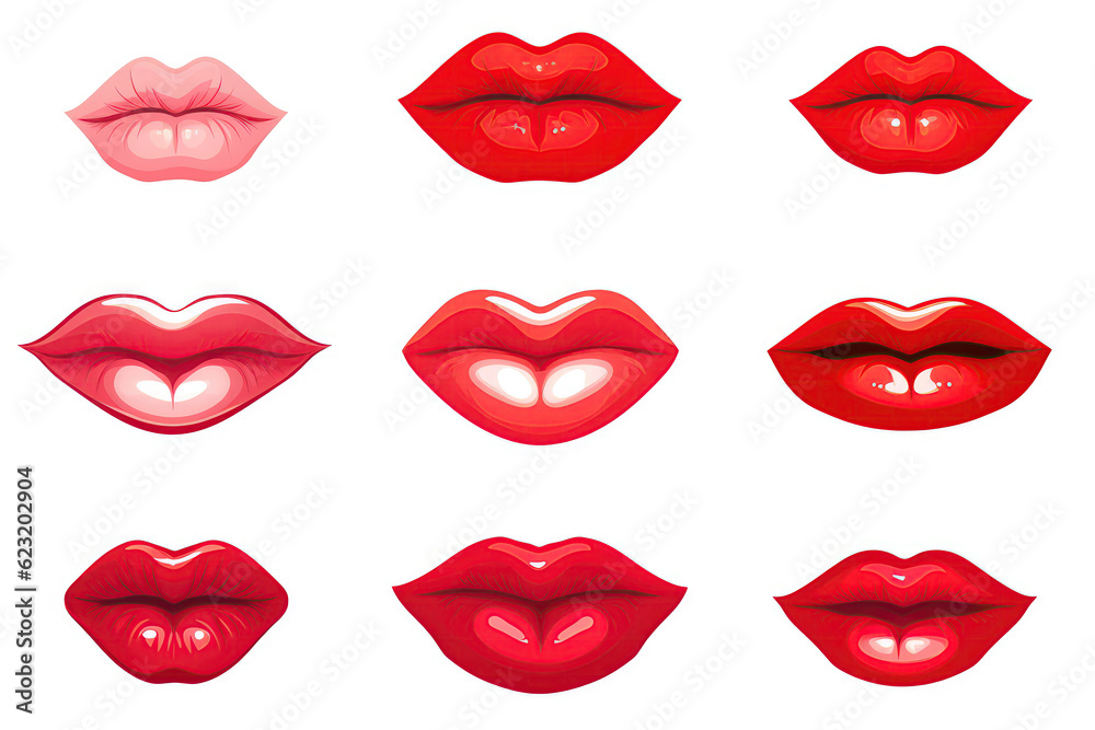 Set Womans Mouths With Red Lips Smiling Cartoon On White Background. Generative AI Set Womans Mouths With Red Lips Smiling Cartoon On White Background. Generative AI
