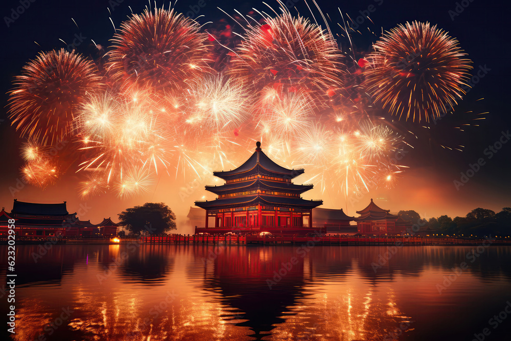 Fototapeta premium Traditional Chinese Fireworks Illuminating The Night Sky In Celebration Chinese New Year. Generative AI