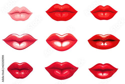 Set Womans Mouths With Red Lips Smiling Cartoon On White Background. Generative AI